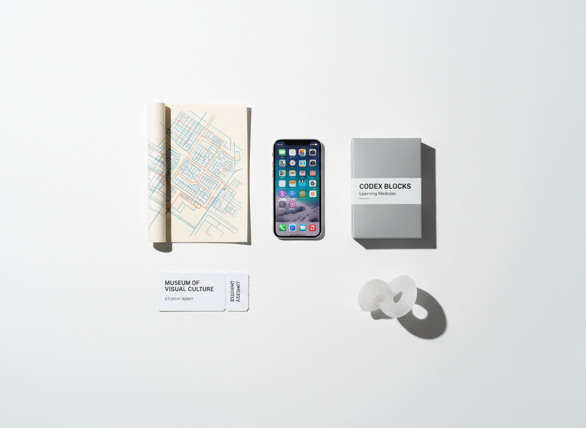 A carefully curated display of contemporary visual materials on a plain white background, illustrating material culture in education. There are sleek product packages, a minimalist smartphone with a colorful home screen, a stylized city map print, a simple museum ticket, and a small 3D-printed abstract sculpture, all arranged in a precise, almost architectural pattern. Cool, even studio lighting from above enhances edges and textures, casting crisp yet soft-edged shadows that add depth without clutter. Captured in photographic realism from a perfectly overhead, bird’s-eye perspective, the composition feels like a visual taxonomy of everyday images and objects, evoking a professional, analytical, and modern mood aligned with critical visual culture studies.