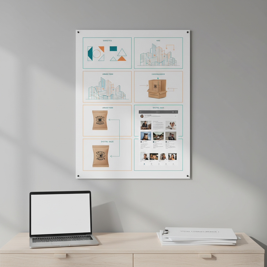 A large, vertical educational poster pinned to a neutral gray wall, designed for visual culture and critical visual literacy. The poster features a clean grid layout of diverse images: abstract icons, simplified cityscapes, product packaging, and digital interface mockups, each with minimal captions and annotation arrows. A slim laptop and a stack of neatly printed lesson plans sit on a pale wooden credenza beneath it. Soft studio lighting evenly illuminates the poster’s satin surface, revealing crisp typography and harmonious color accents in teal and warm orange. Photographic realism, straight-on composition with sharp focus throughout, creates a calm, organized, professional mood suitable as a homepage hero image for a modern educational site.