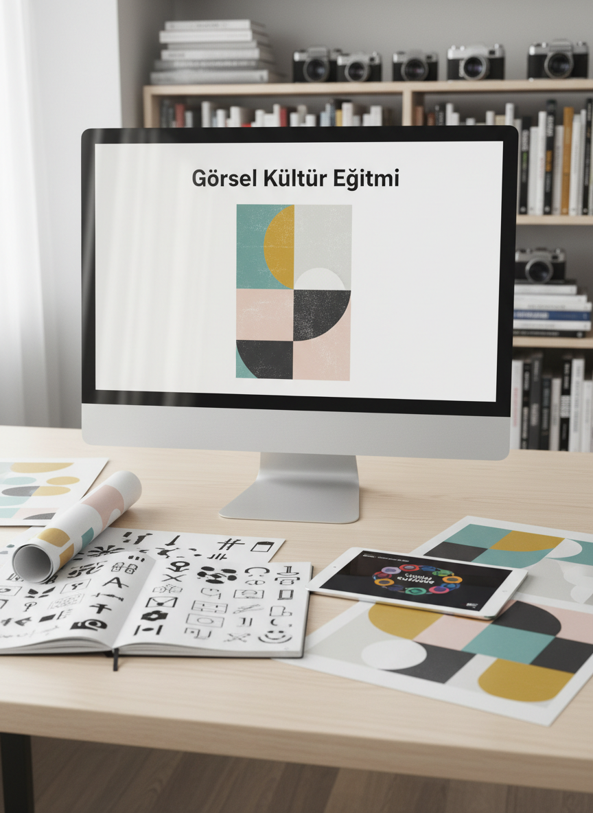 A clean, modern workspace featuring a large, matte-white monitor displaying a minimalist homepage titled “Görsel Kültür Eğitimi,” with a bold yet simple poster-style hero image centered on the screen. Around the monitor, carefully arranged sketchbooks filled with abstract icon studies, printed posters with geometric shapes, and a tablet showing colorful visual culture diagrams rest on a light birch desk. Soft daylight from an unseen window creates diffused reflections on the screen and gentle shadows under the objects. Photographic realism with an eye-level composition, shallow depth of field subtly blurring the background shelves of design books and cameras, evoking a professional, thoughtful, and digitally innovative educational atmosphere.
