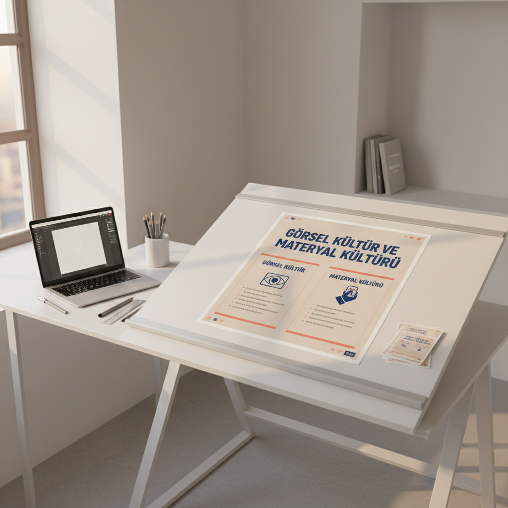 A serene, minimalist studio corner dedicated to creating educational posters for visual arts teacher candidates. A large, uncluttered drafting table holds a nearly finished poster about “görsel kültür ve materyal kültürü,” featuring clean typography, simple iconography, and a restrained color palette of deep blue, soft beige, and muted coral. Next to it, precise drawing tools, a thin laptop with a poster layout open, and a small stack of test prints are arranged symmetrically. Warm, diffused afternoon light enters from the left, gently illuminating the paper’s smooth surface and creating long, delicate shadows. Photographic realism with a slightly elevated angle and clear, modern composition conveys calm focus, professionalism, and contemporary educational design.