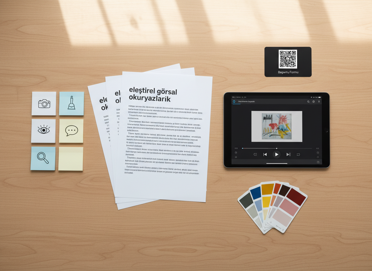 An overhead view of a minimalist classroom desk arranged as a visual culture learning station. On the light oak surface lie printed worksheets about “eleştirel görsel okuryazarlık,” a sleek graphite-gray tablet showing a paused video analysis interface, color swatches, and neatly aligned sticky notes with tiny icon sketches. In one corner, a small, matte-black card displays a QR code labeled “Başvuru Formu,” hinting at a digital Google Form application. Soft, diffused daylight falls from the top of the frame, creating subtle paper texture and gentle, realistic shadows. Photographic realism with a balanced, top-down composition and clear, modern aesthetic conveys organization, accessibility, and digital innovation in art education.