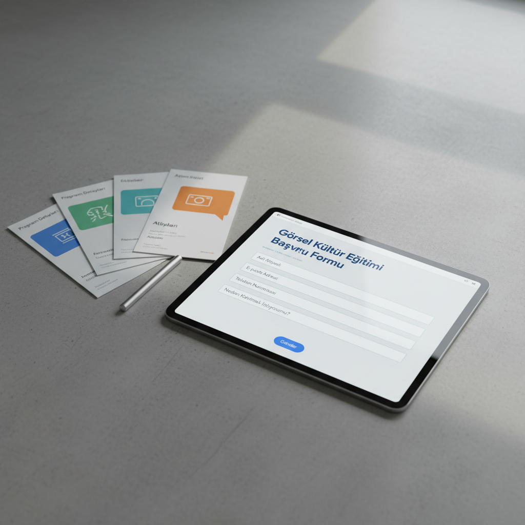 A close-up, photographic depiction of a tablet lying on a smooth, light concrete surface, displaying a clean Google Form titled “Görsel Kültür Eğitimi Başvuru Formu.” The form interface is simple, with clear input fields and subtle accent colors matching a modern educational brand. Next to the tablet, printed program brochures with soft-touch matte finish and minimalist icons are fanned out, along with a slim, metallic stylus. Cool natural light from an unseen window to the right creates gentle gradients on the tablet screen and faint shadows around the edges, emphasizing tactility. Shot from a slightly elevated angle with shallow depth of field, the scene feels accessible, professional, and digitally forward, ideal for a site’s application section.