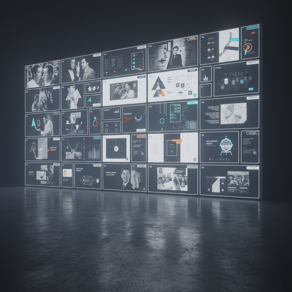 A large, ultra-modern interactive display wall in a dim, focused studio environment, showing a collage interface for analyzing visual culture. Multiple rectangular panels present film stills, abstract infographics, simplified advertisements, and interface mockups, each framed by thin white outlines and small annotation tags. The main color palette is neutral with strategic pops of cyan and amber to guide attention. A subtle glow from the screens is the primary light source, casting soft reflections on a concrete floor and emphasizing the clarity of each image. Photographic realism, shot from a slightly angled, eye-level perspective, with crisp focus and a cinematic, contemplative mood, representing innovative, digital, and critical approaches to visual culture education.